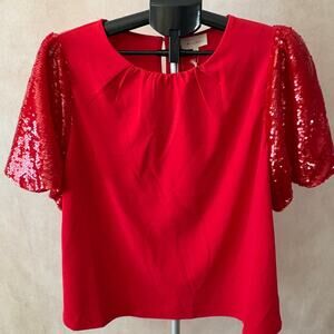 Melloday Red Gathered Round Neck Puff Sequin Sleeves Key Hole Back Size Large